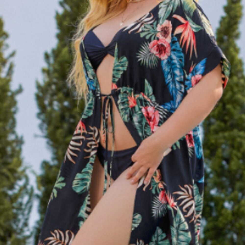 IN’VOLAND Plus Size Stripe Kimono Tie-Front Cover-Up